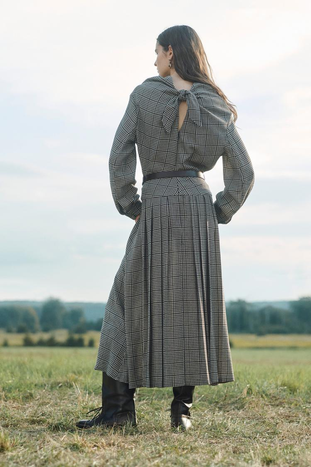 ZARA ПЛАТЬЕ В КЛЕТКУ, ПЕСОЧНЫЙ/ЧЕРНЫЙ