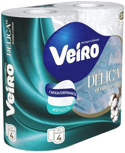 Бумага туалетная VEIRO DELICATE, белая, 3 слоя, 4 рул