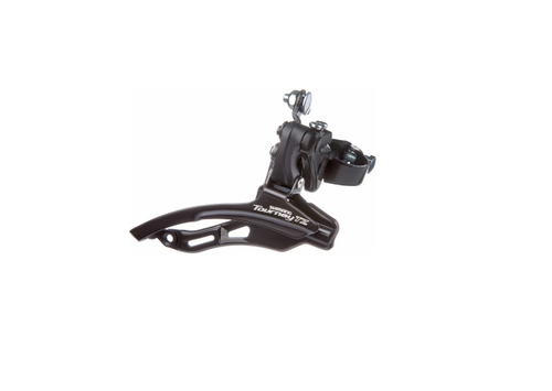 Переключатель передний Shimano Tourney, TZ500, 3x6/7 скоростей, нижняя тяга, 42T, верхний хомут 28.6мм, угол наклона 66-69°, черный, без упаковки