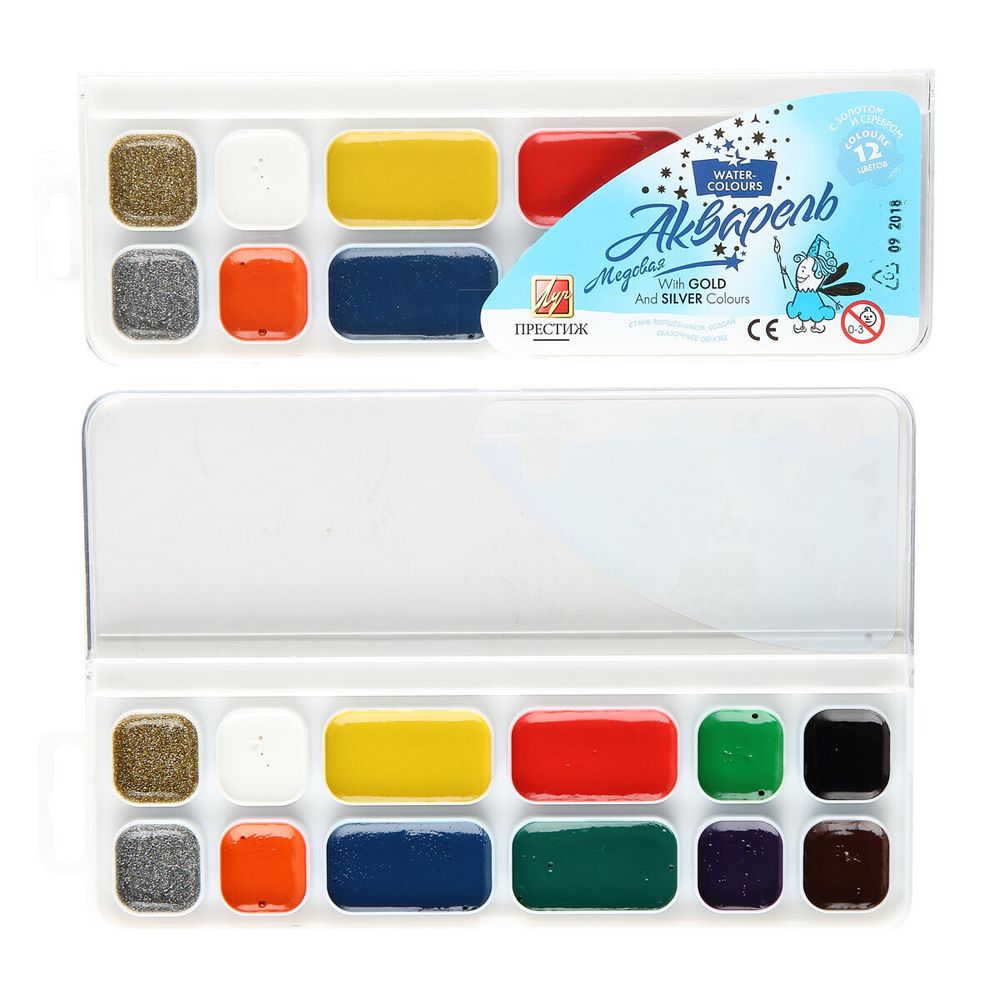 Краски акварельные ЛУЧ "Престиж", 12 цветов (10 цветов + 1 золотой + 1 серебряный), медовые, без кисти, пластиковая коробка, 18С1231-08
