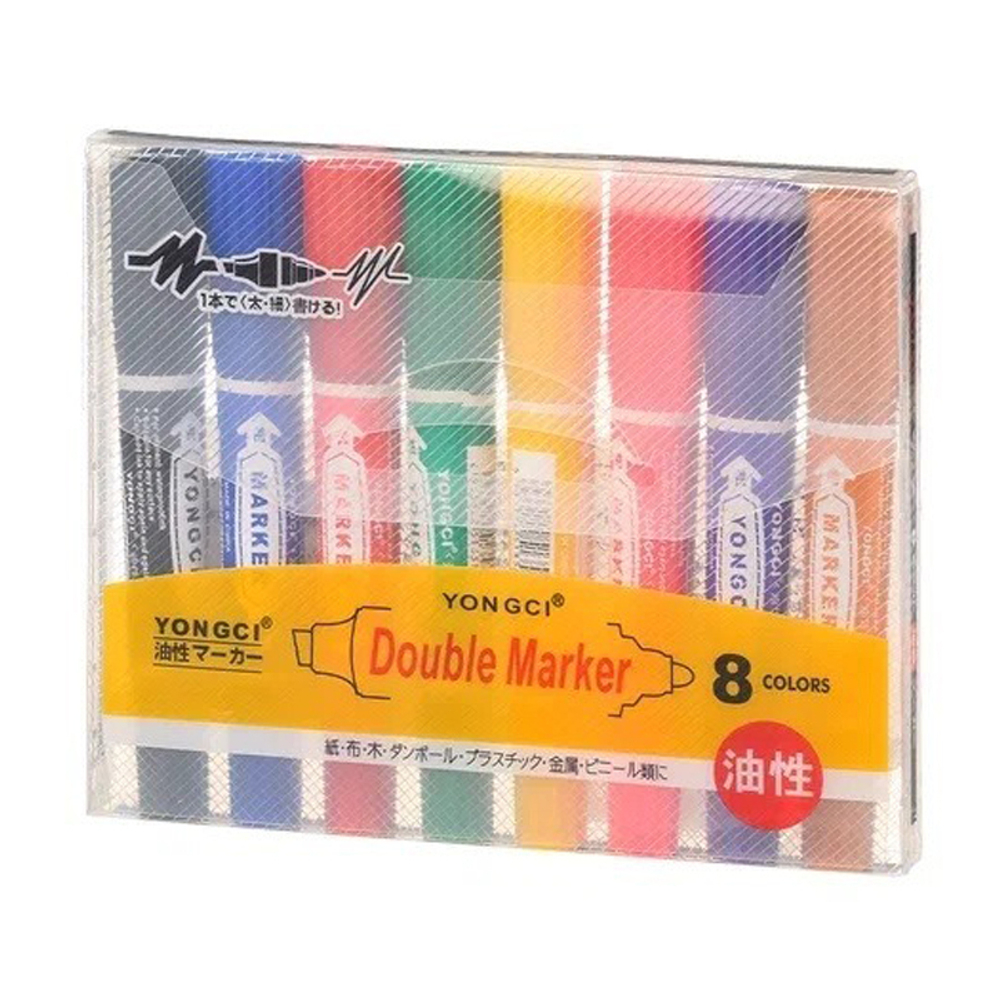 Маркер перманентный, двусторонний, Yongci, 21 мм, наконечник 5 и 2 мм, 8 шт, разноцветные