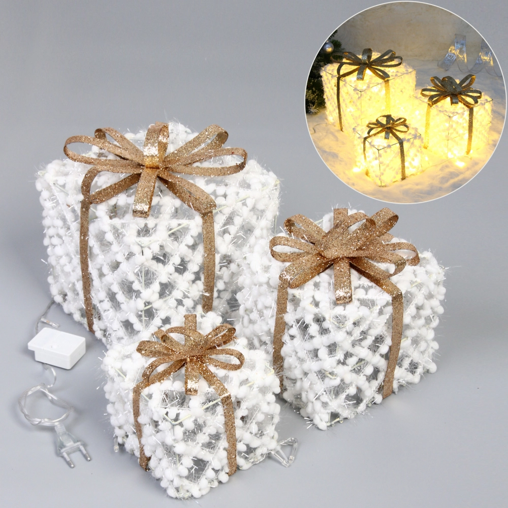 Фигура светодиодная «Подарок от Санты» (набор 3 шт: 12см, 15см, 19см), 220V, Золото (свечение - Теплый белый)