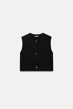 ZARA ЖИЛЕТ ИЗ РЕЛЬЕФНОЙ ТКАНИ С ПУГОВИЦАМИ, ЧЕРНЫЙ