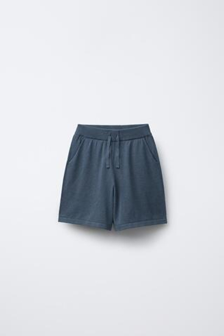 ZARA ТРИКОТАЖНЫЕ ШОРТЫ ИЗ СМЕСОВОГО ЛЬНА, ЗЕЛЕНОВАТО-СИНИЙ