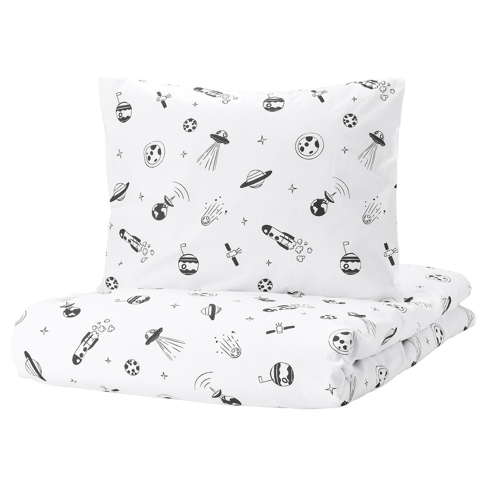 IKEA AFTONSPARV  (ИКЕА АФТОНСПАРВ)  -  Пододеяльник и наволочка, белый/черный космос, 150x200/50x60 см