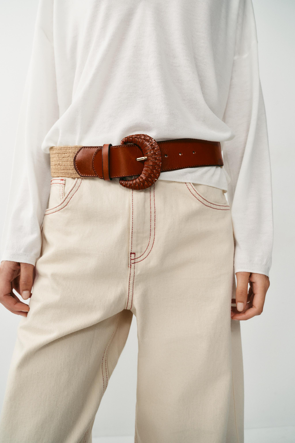 ZARA ЭЛАСТИЧНЫЙ РЕМЕНЬ ИЗ ДЖУТА И КОЖИ, БЕЖЕВЫЙ