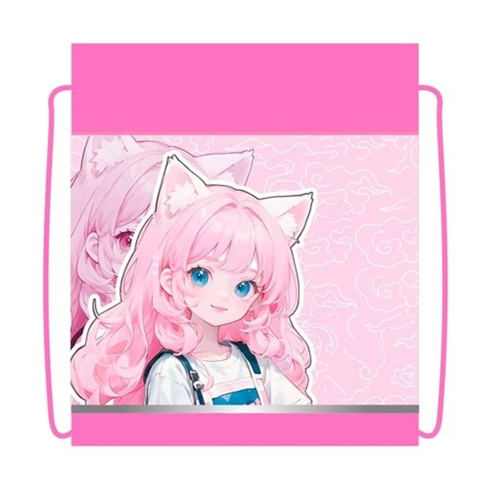 Мешок для сменной обуви, 1 отделение, ПЧЕЛКА, 340х420 мм, ткань, светоотражающая полоса, карман, "Девочка-кошка", розовый