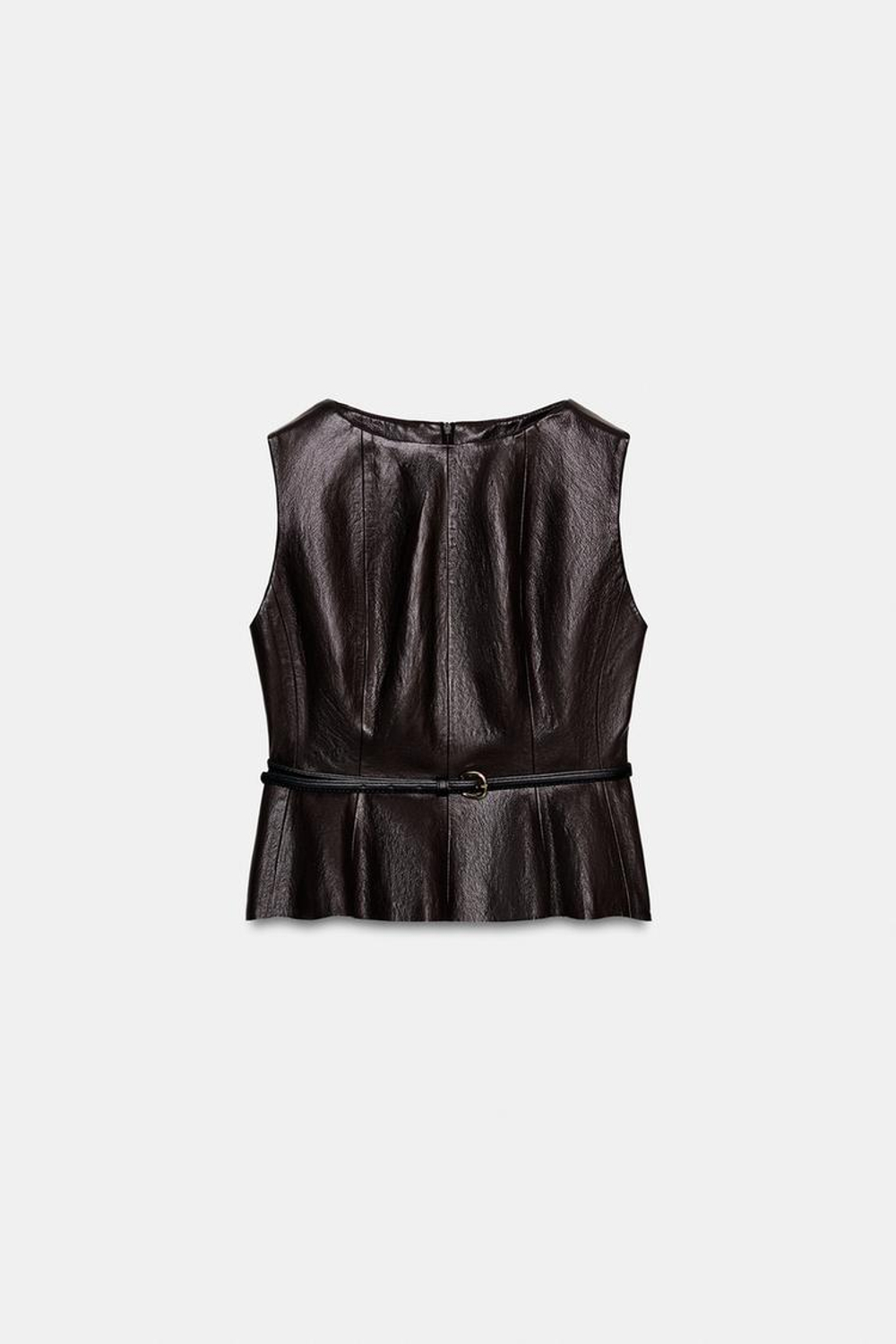 ZARA ТОП ИЗ ИСКУССТВЕННОЙ КОЖИ БЕЗ РУКАВОВ, КОРИЧНЕВЫЙ