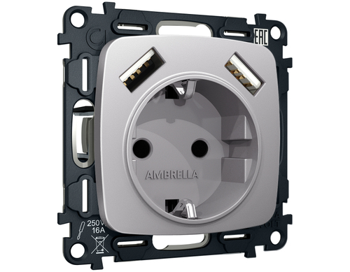 MO509010 Комплект механизма электрической розетки OMEGA Сталь матовый 2USB A+A 18W (быстрая зарядка) с/з QUANT (OP5090, VM155)