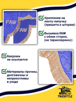 Ламбрекен с косынками стеганые Faw (экокожа, синий, бежевая бахрома "закрутка")