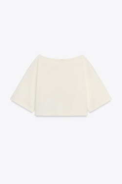 ZARA ХЛОПКОВАЯ ФУТБОЛКА С ВЫРЕЗОМ ЛОДОЧКОЙ, ЭКРЮ