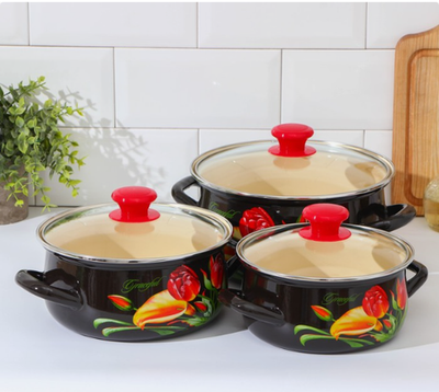 Набор эмалированных кастрюль «Грациозный», 3 предмета: 1,5 л, 2 л, 3 л, индукция