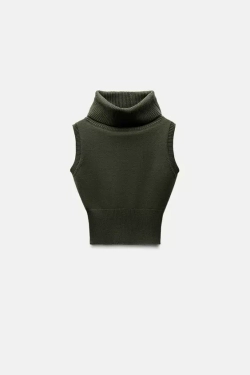 ZARA ТРИКОТАЖНЫЙ ЖИЛЕТ С ВЫСОКИМ ВОРОТНИКОМ, ХАКИ