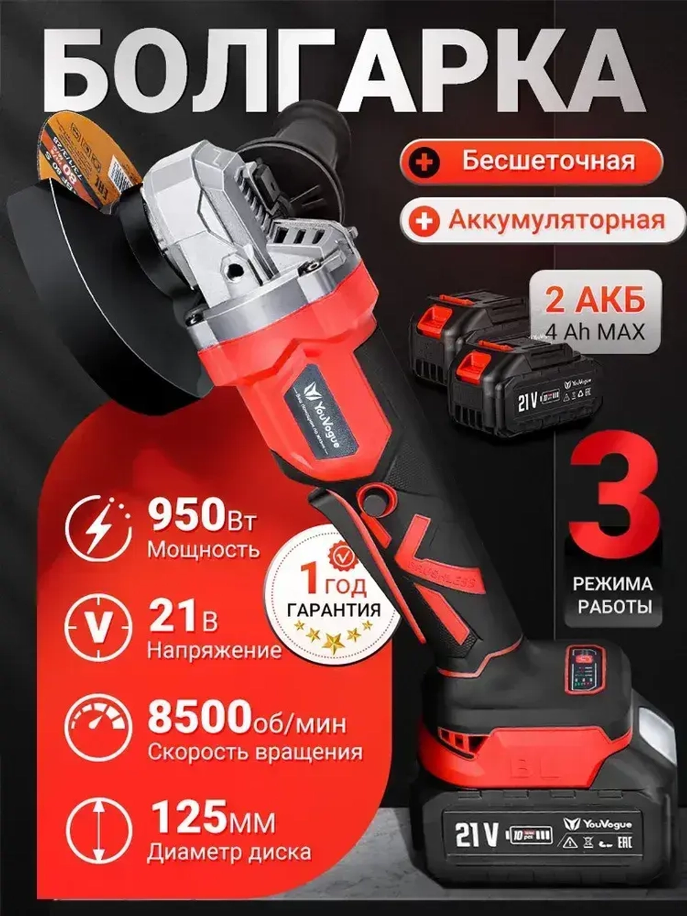 Болгарка аккумуляторная безщеточная УШМ 125 мм в кейсе 3 Ам*ч 21В 2 АКБ шлифмашина