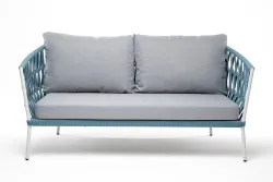 "Диего" диван 2-местный плетеный из роупа, каркас алюминий светло-серый (RAL7035) муар, роуп бирюзовый круглый, ткань светло-серая