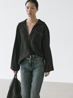 Massimo Dutti Рубашка из струящейся смесовой шерсти с карманом, черный