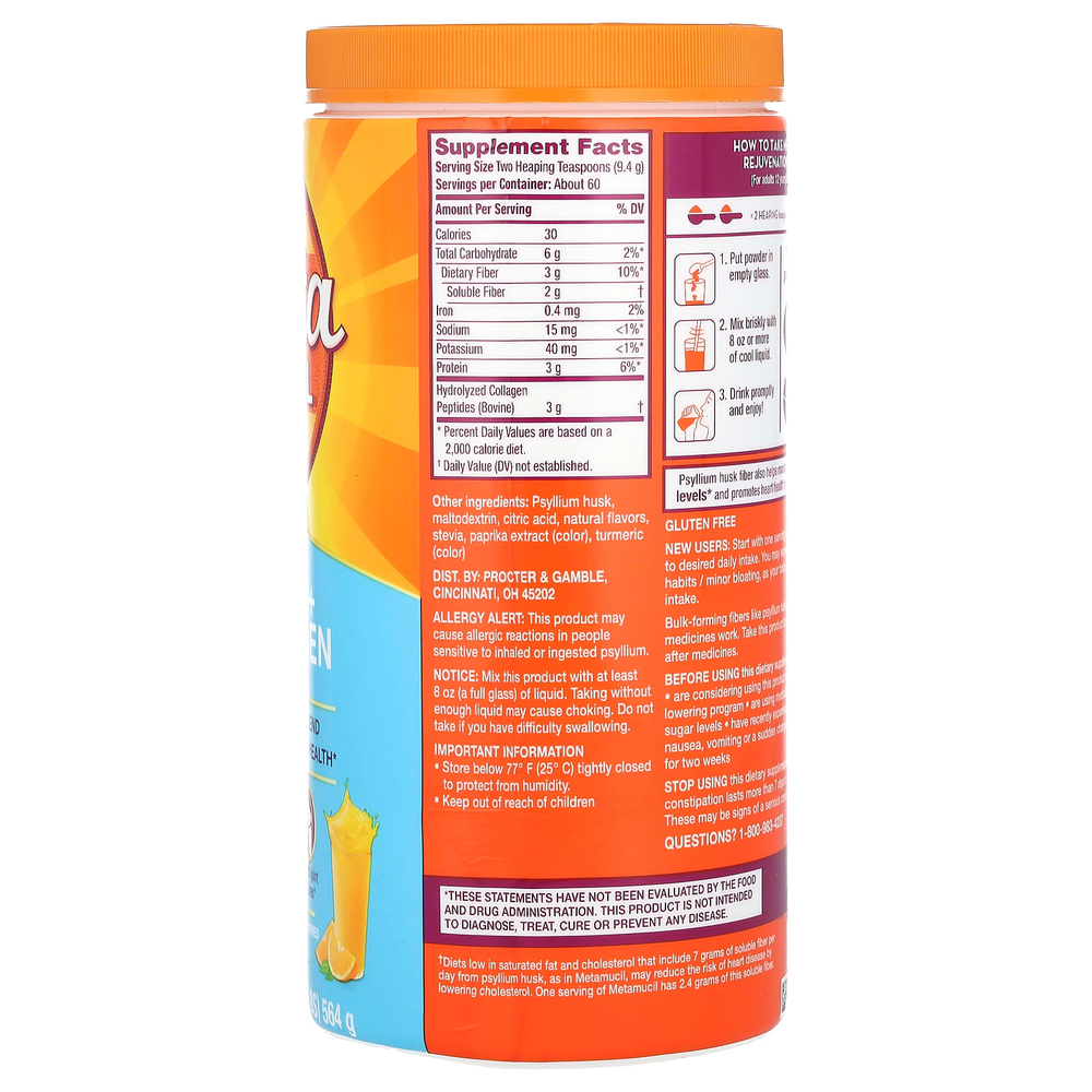 Metamucil, клетчатка и пептиды коллагена, со вкусом апельсина, 564 г (1,2 фунта)