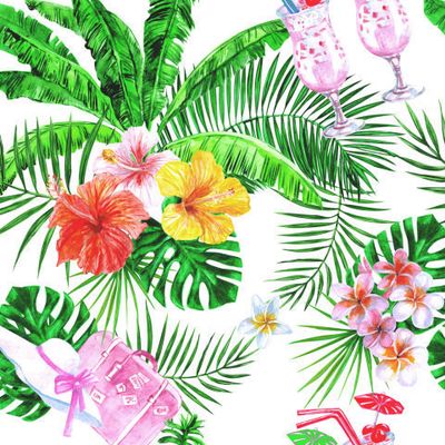 Пляжное настроение пальмы, пинаколада, цветы