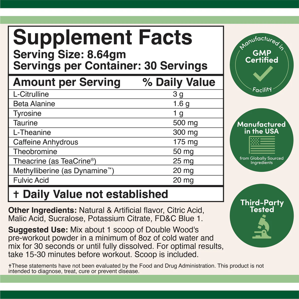Double Wood Supplements - Pre-Workout (Blue Raspberry Flavor) - 30 servings