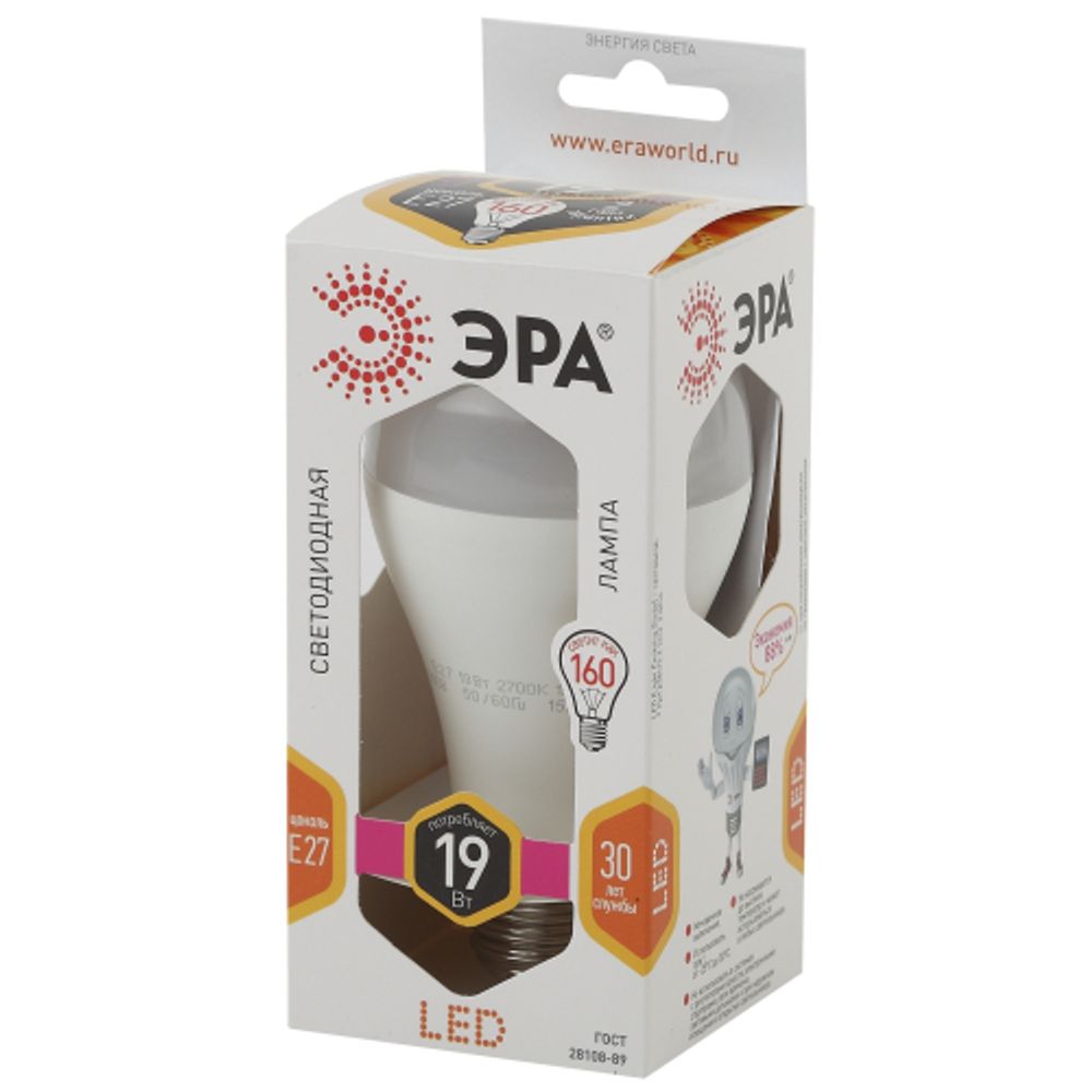 Лампа светодиодная ЭРА STD LED A65-19W-827-E27 19Вт груша теплый белый свет Е27 | Лампы cветодиодные Груша (A)