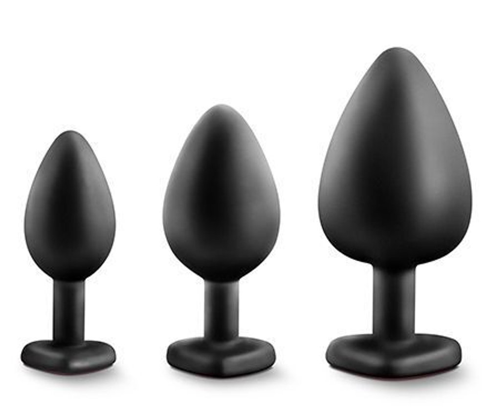 Набор черных анальных пробок с красным кристаллом-сердечком Bling Plugs Training Kit (Цвет: черный)