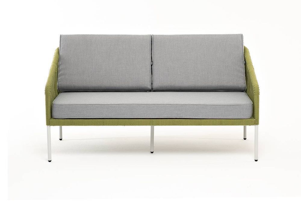 "Канны" диван 2-местный плетеный из роупа, каркас алюминий светло-серый (RAL7035) муар, роуп салатовый меланж круглый, ткань светло-серая