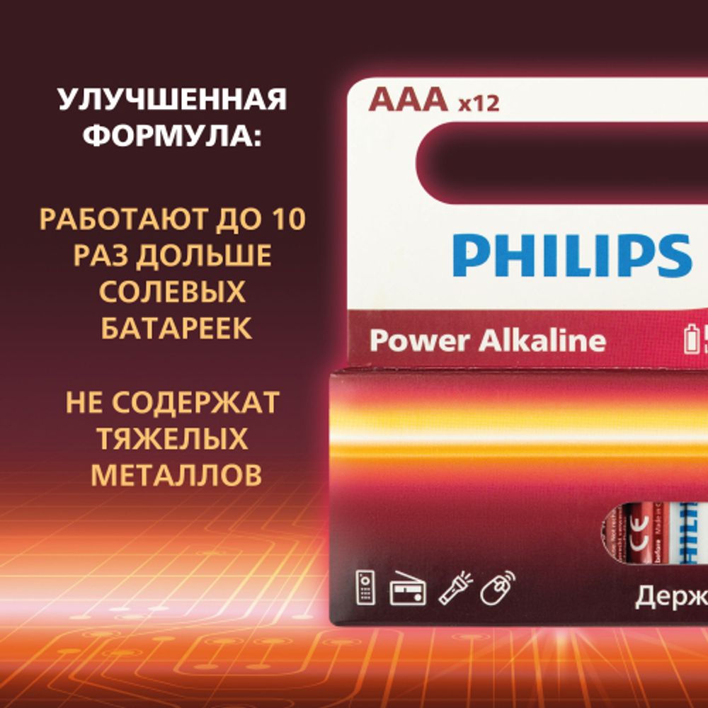 Батарейки Philips LR03P12W/51 ААА алкалиновые 1,5v 12 шт. LR03-12BL Power