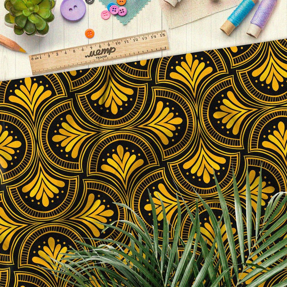 Ткань бифлекс жёлтый греческий узор на чёрном фоне