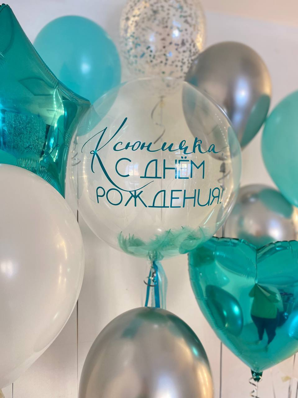 Воздушные шары бирюзовые/ шар с перьями на грузиках №41