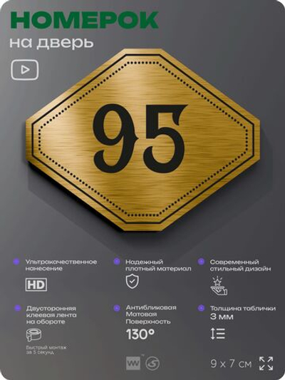 Номерок на дверь квартиры 95, для кабинета, офиса, шильдик 9 х 7 см, золотистый, Айдентика Технолоджи