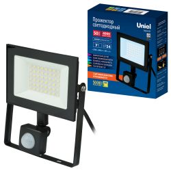 ULF-F62-50W-6500K SENSOR IP54 200-240В BLACK Прожектор светодиодный с датчиком движения и освещенности. Дневной свет 6500K. Корпус черный. TM Uniel