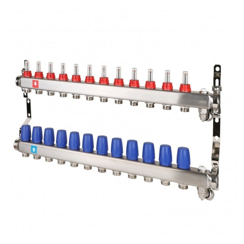 Блок коллекторный MVI из нержавеющей стали DN 25-12 выходов G 3/4, с расходомерами, с дренажным краном и воздухоотводчиком, евроконус, MS.712.06