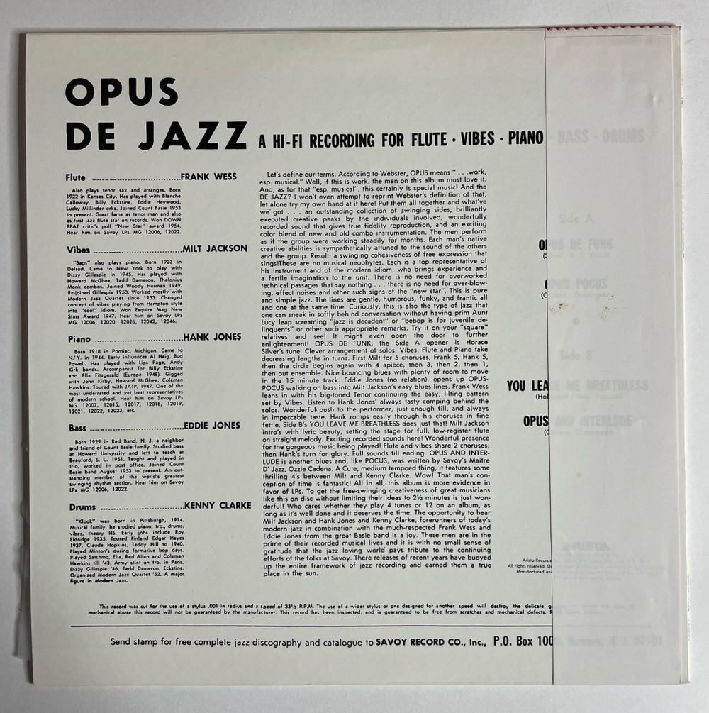 Винтажная виниловая пластинка LP Milt Jackson, Frank Wess, Kenny Clarke, Hank Jones, Eddie Jones Opus De Jazz (Japan 1980) (Obi)