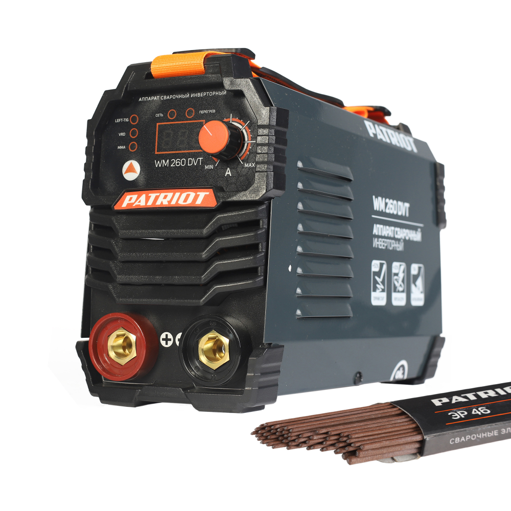 Аппарат сварочный инверторный PATRIOT WM 260 DVT MMA, входное напряжение: 1ф,140-240В;сварочный ток макс: 260A; ПВ при макс. токе: 70%, дисплей ARC FORCE, ANTI STICK, HOTSTART, TIG LIFT, VRD,Электроды Patriot ЭР-46, 3мм, 1кг
