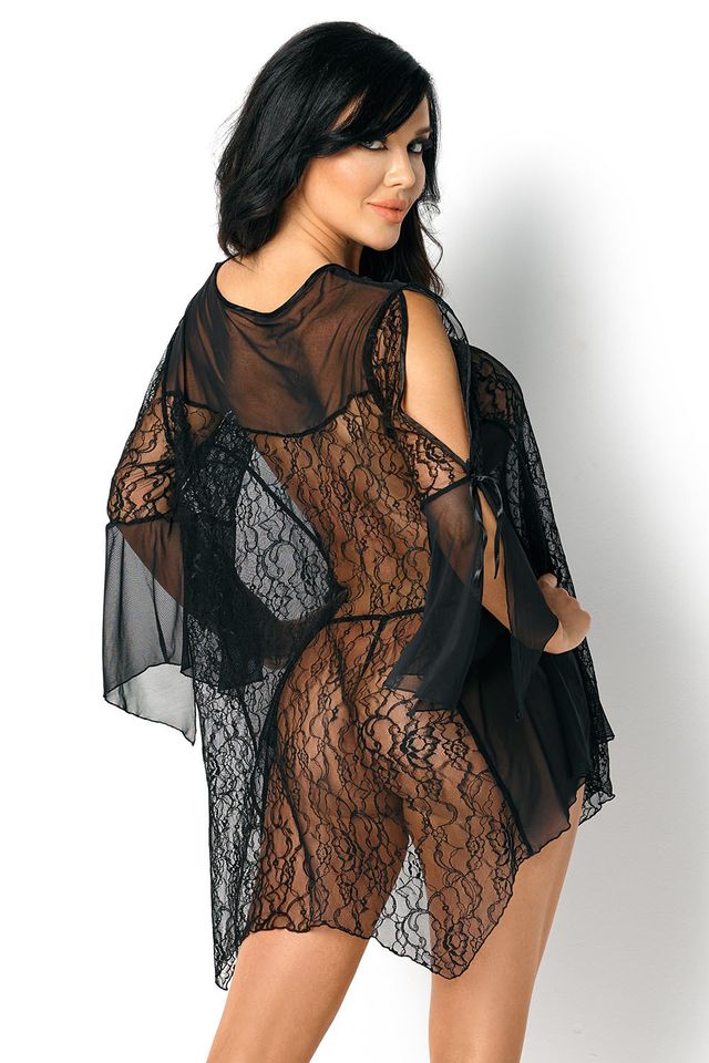 Черный пеньюар Sissy из комбинации тюля и кружева