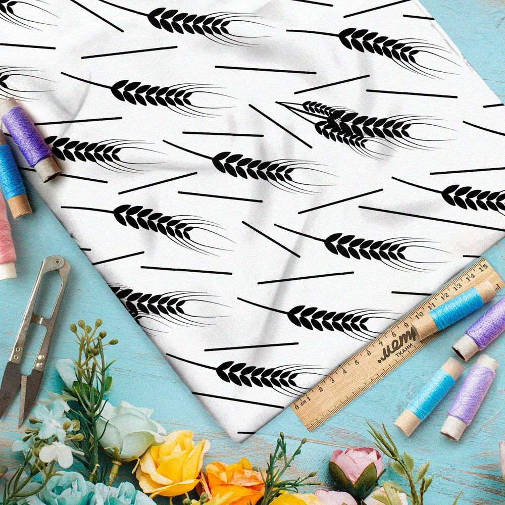 Ткань премиум габардин черные колосья на белом