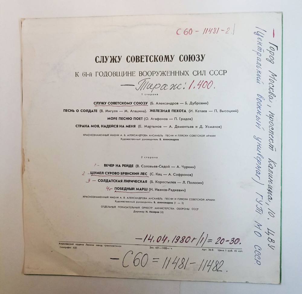 Винтажная виниловая пластинка LP Сборник Служу Советскому Союзу К 61-й Годовщине Вооруженных Сил СССР (СССР 1978)