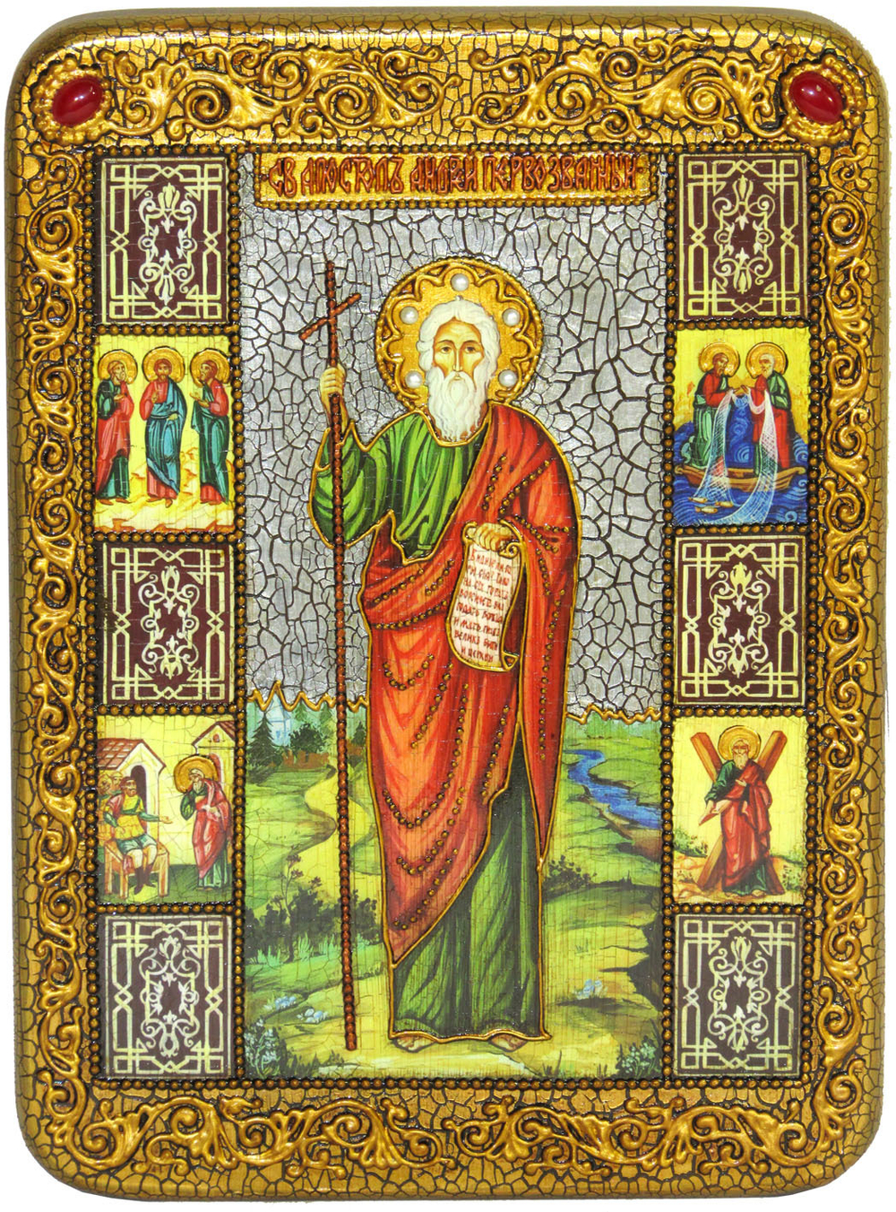 Инкрустированная икона Святой апостол Андрей Первозванный 29х21см на натуральном дереве в подарочной коробке