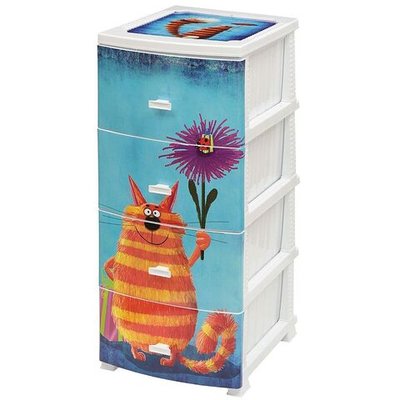Комод детский 4 ящика, Кот, 38х47х98 см, бел, Росспласт, РП-451
