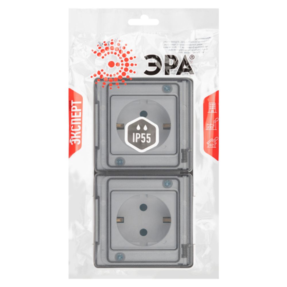 Розетка ЭРА Эксперт 11-2504-01 2х2P+E гориз. IP55, шторки, 16A-250В, ОУ, белый | Эра Эксперт