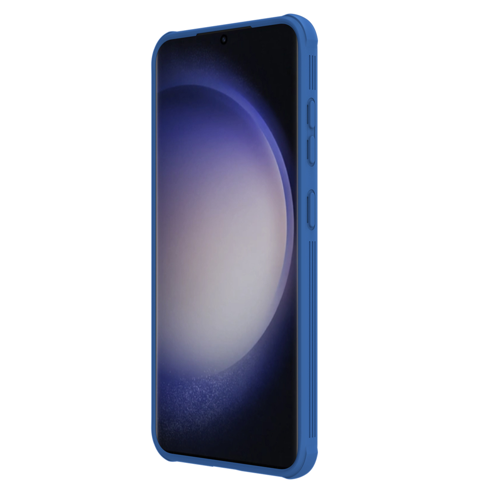 Противоударный чехол синего цвета с защитной шторкой для камеры от Nillkin на Samsung Galaxy S24, серия CamShield Pro Case