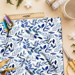 Ткань блэкаут мелкие акварельные листья на белом фоне