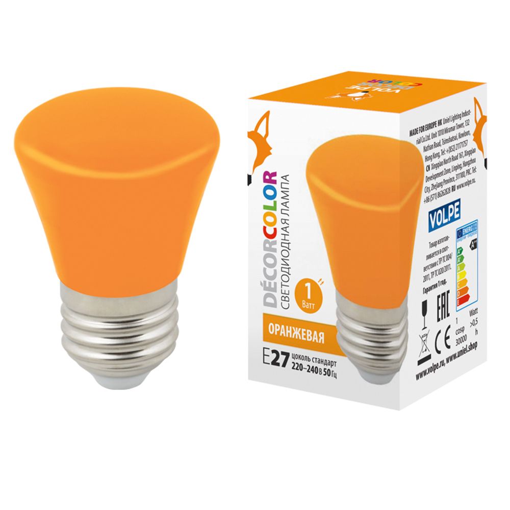 LED-D45-1W/ORANGE/E27/FR/С BELL Лампа декоративная светодиодная. Форма Колокольчик, матовая. Цвет оранжевый. Картон. ТМ Volpe.