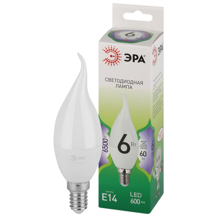 Лампа светодиодная ЭРА GREEN LINE LED BXS-6W-865-E14 GL 6Вт свеча на ветру холодный свет E14