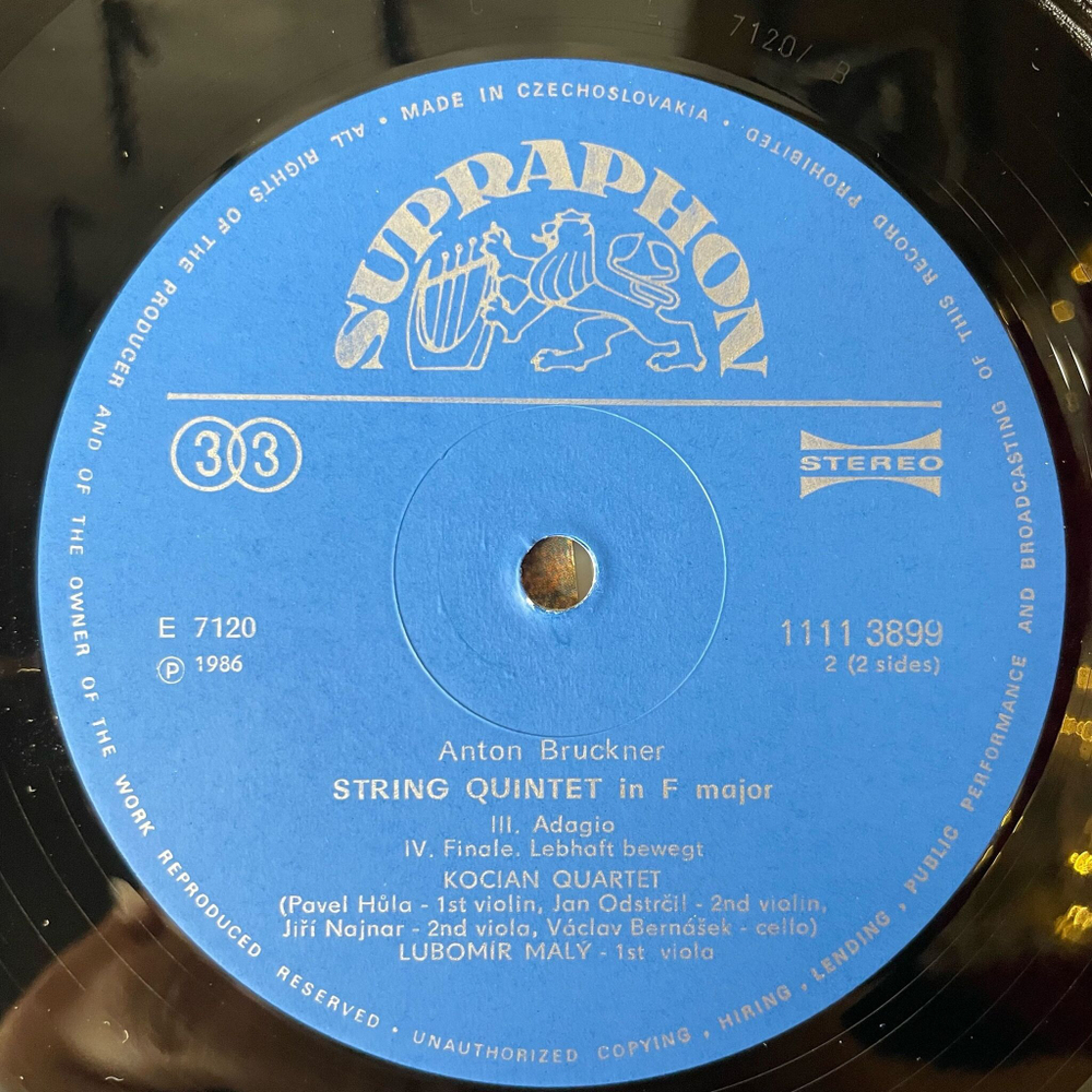 Винтажная виниловая пластинка LP A. Bruckner Брукнер, Kocian Quartet, Lubomir Maly, String Quintet (Чехословакия 1987)