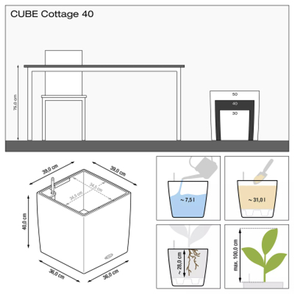 Кашпо Lechuza cube cottage 40см коричневый с автополивом