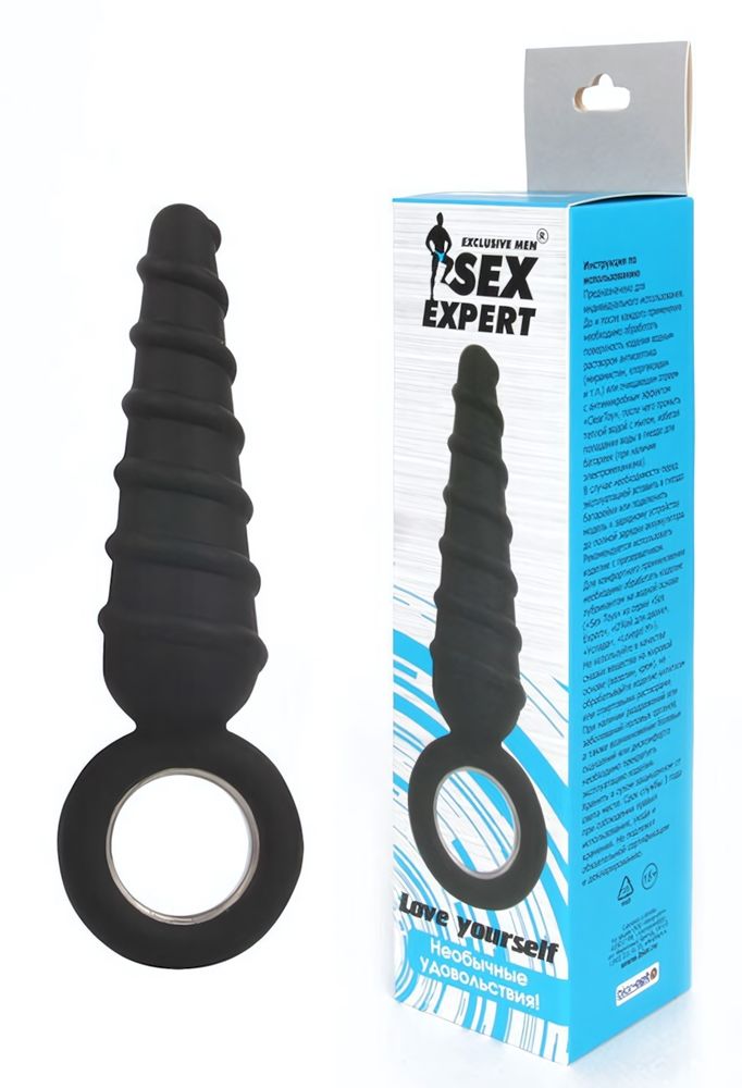 Анальный спиралевидный стимулятор с кольцом Sex Expert (12 см) (Цвет: черный)