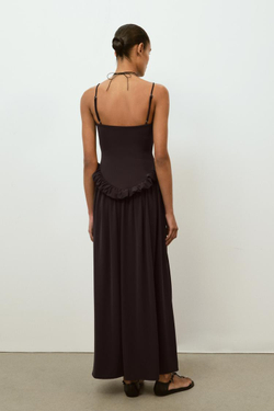 ZARA ОБЪЕМНОЕ ПЛАТЬЕ С БАСКОЙ, ТЕМНО-КОРИЧНЕВЫЙ