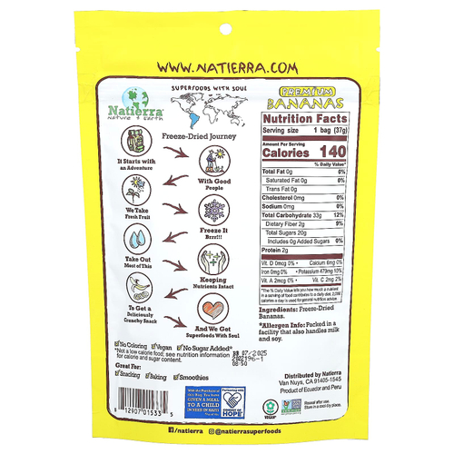 Natierra, сублимированные бананы премиального качества, 37 г (1,3 унции)