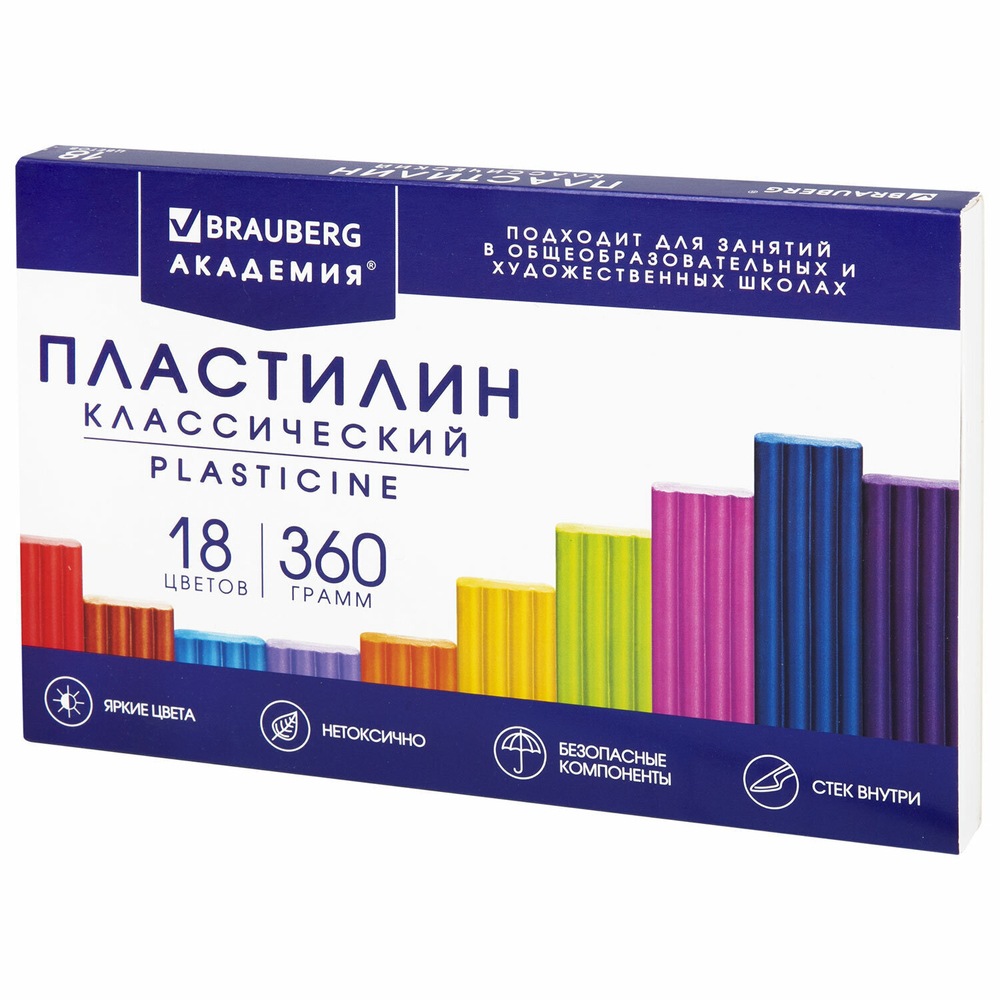 Пластилин классический BRAUBERG "АКАДЕМИЯ КЛАССИЧЕСКАЯ" 18 цветов 360 г с стеком (8 штук в упаковке)